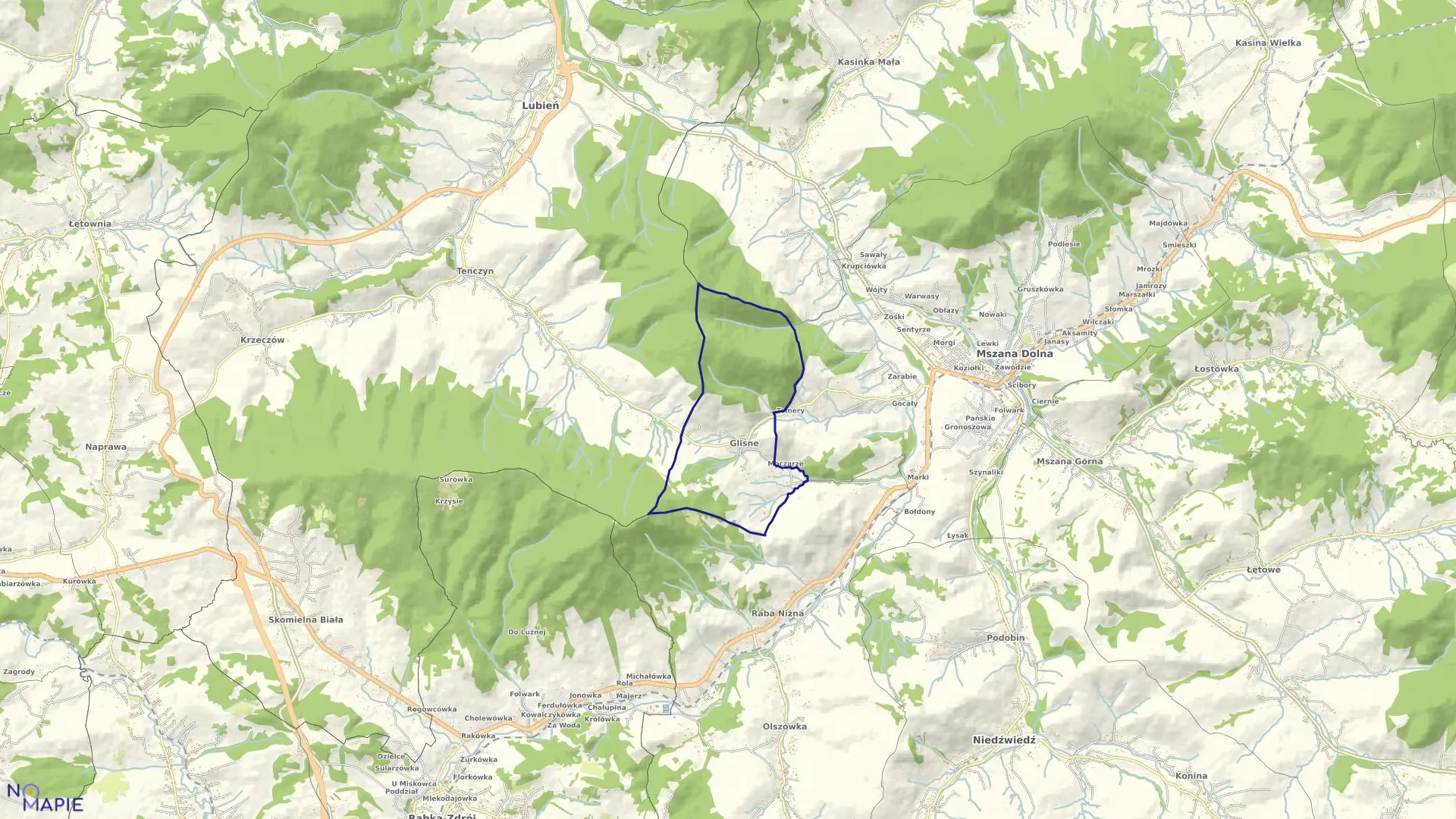 Mapa obrębu Glisne w gminie Mszana Dolna