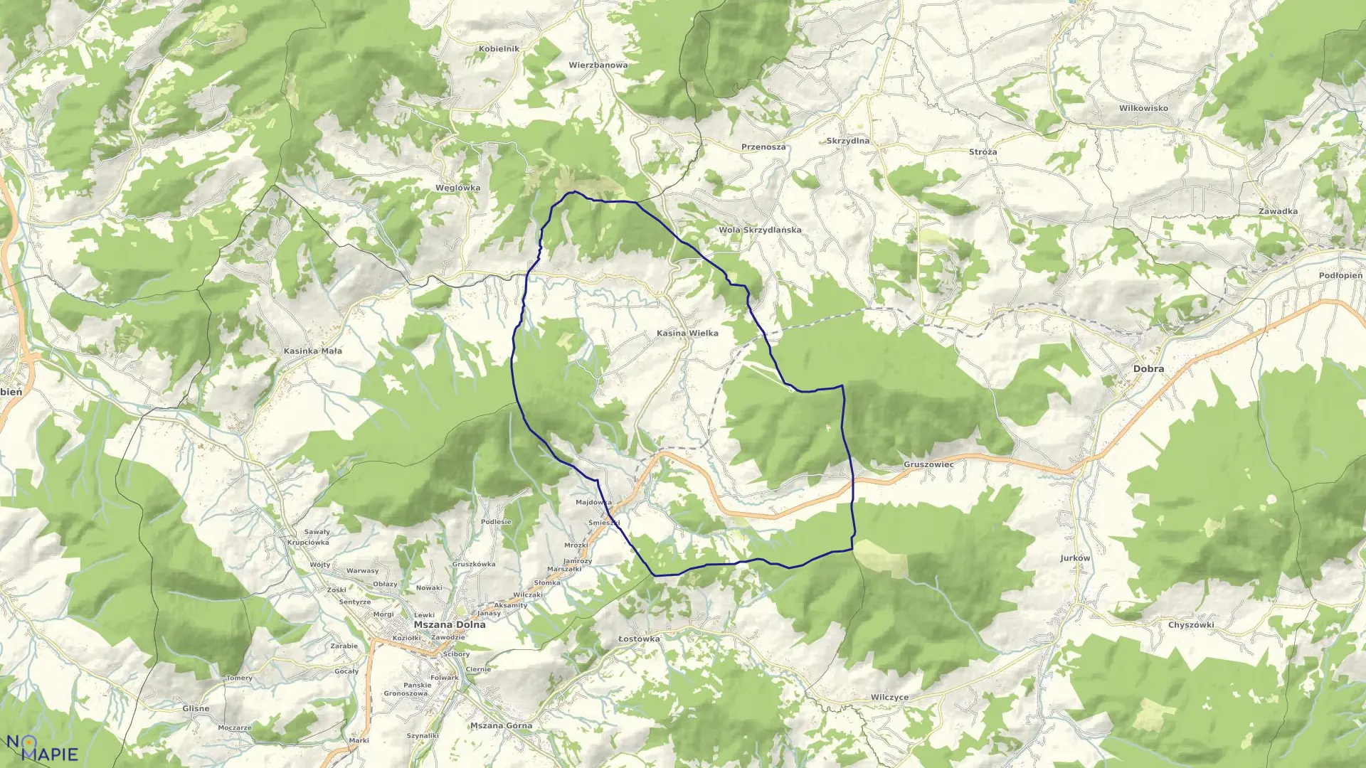 Mapa obrębu Kasina Wielka w gminie Mszana Dolna