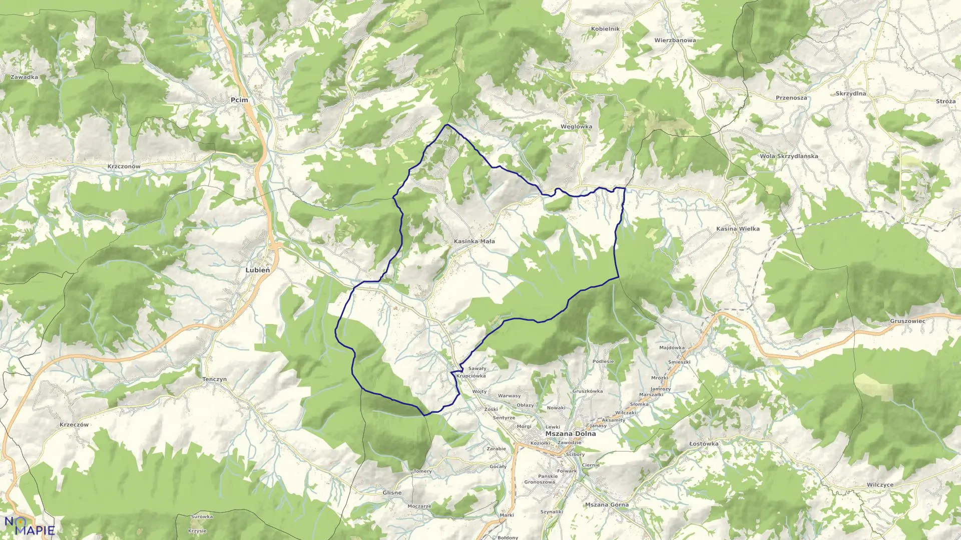 Mapa obrębu Kasinka Mała w gminie Mszana Dolna