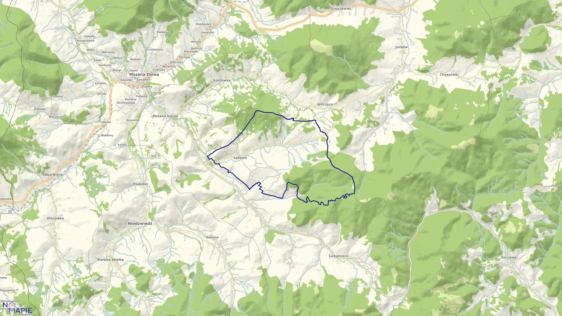 Mapa obrębu Łętowe w gminie Mszana Dolna