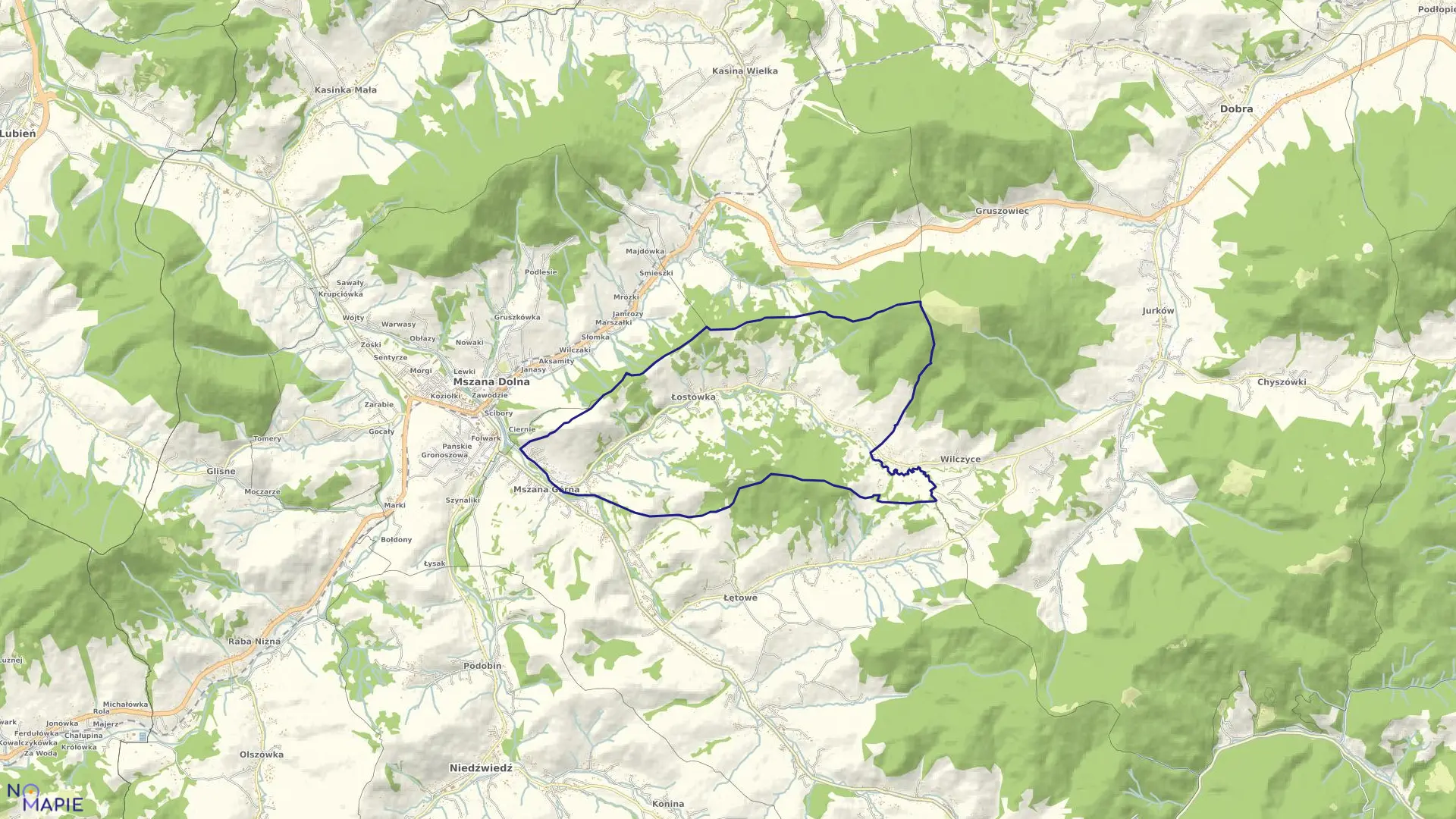 Mapa obrębu Łostówka w gminie Mszana Dolna