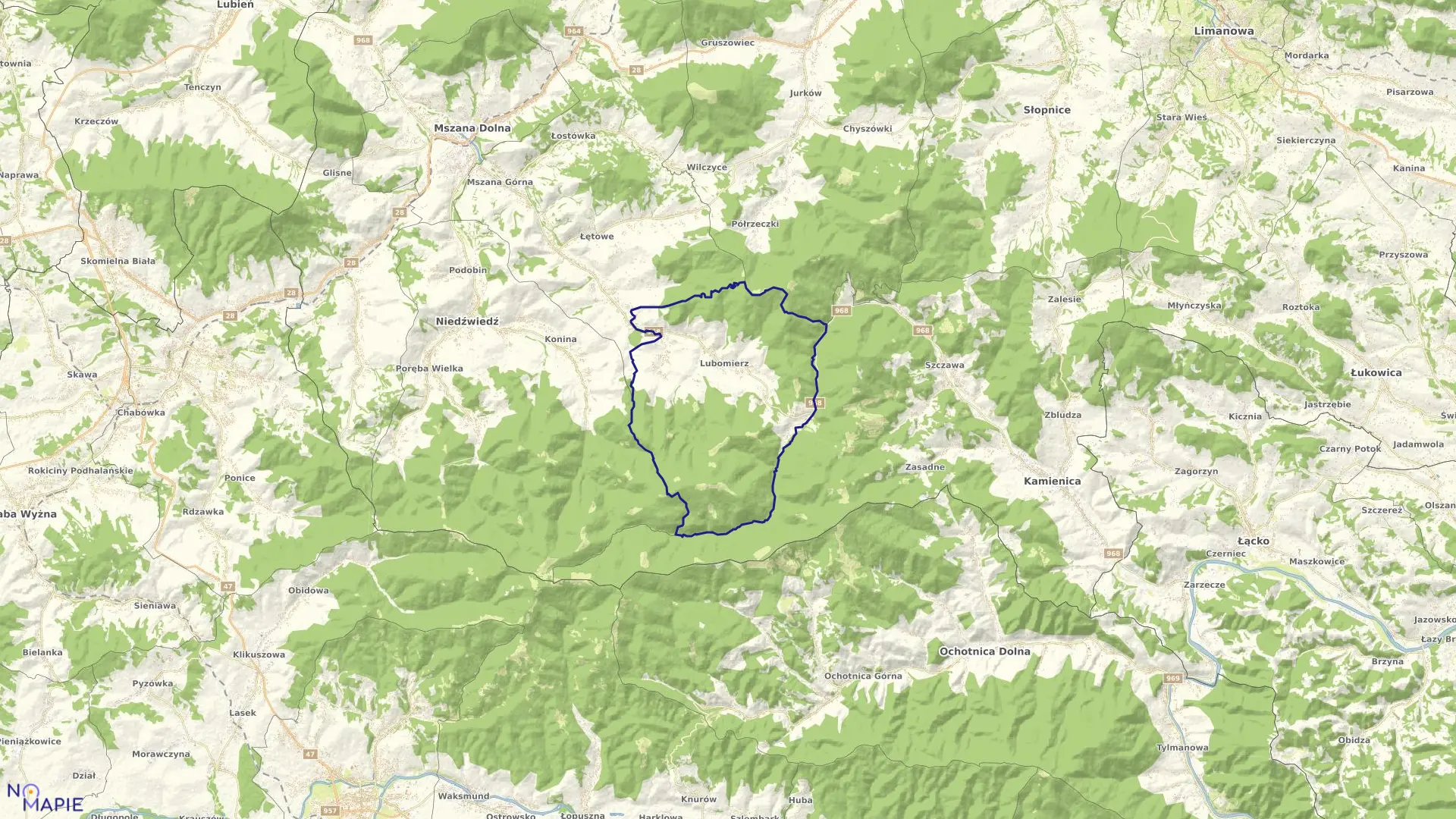 Mapa obrębu Lubomierz w gminie Mszana Dolna