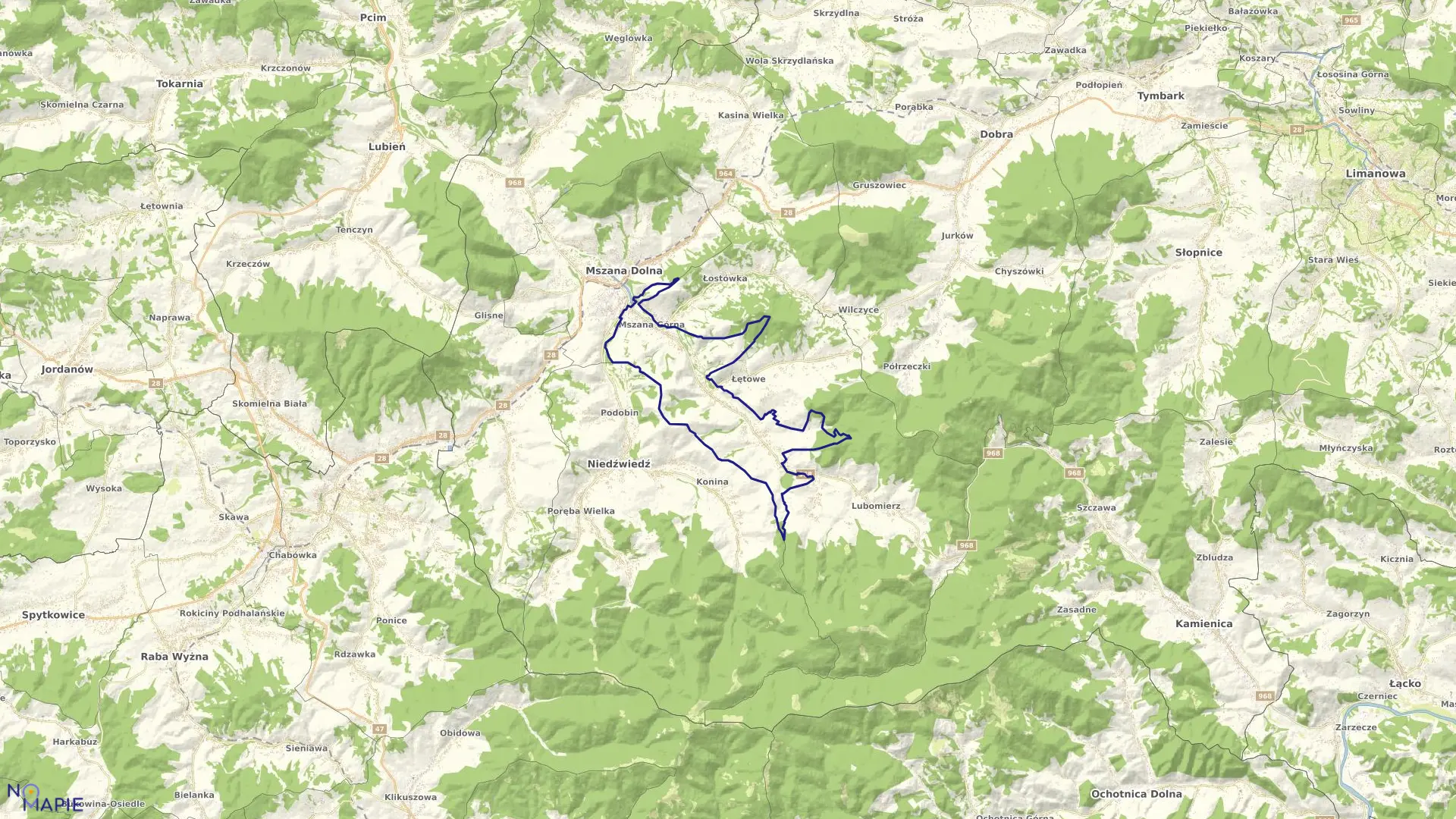 Mapa obrębu Mszana Górna w gminie Mszana Dolna