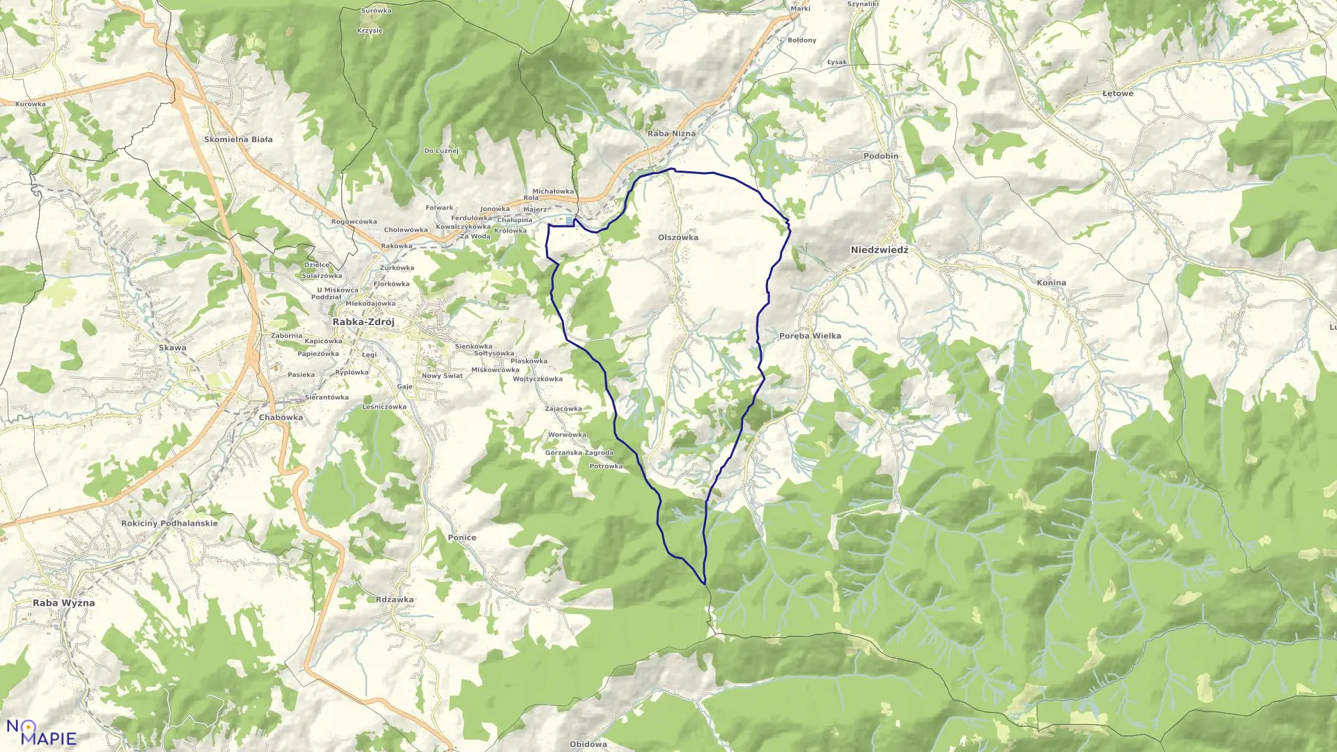 Mapa obrębu Olszówka w gminie Mszana Dolna