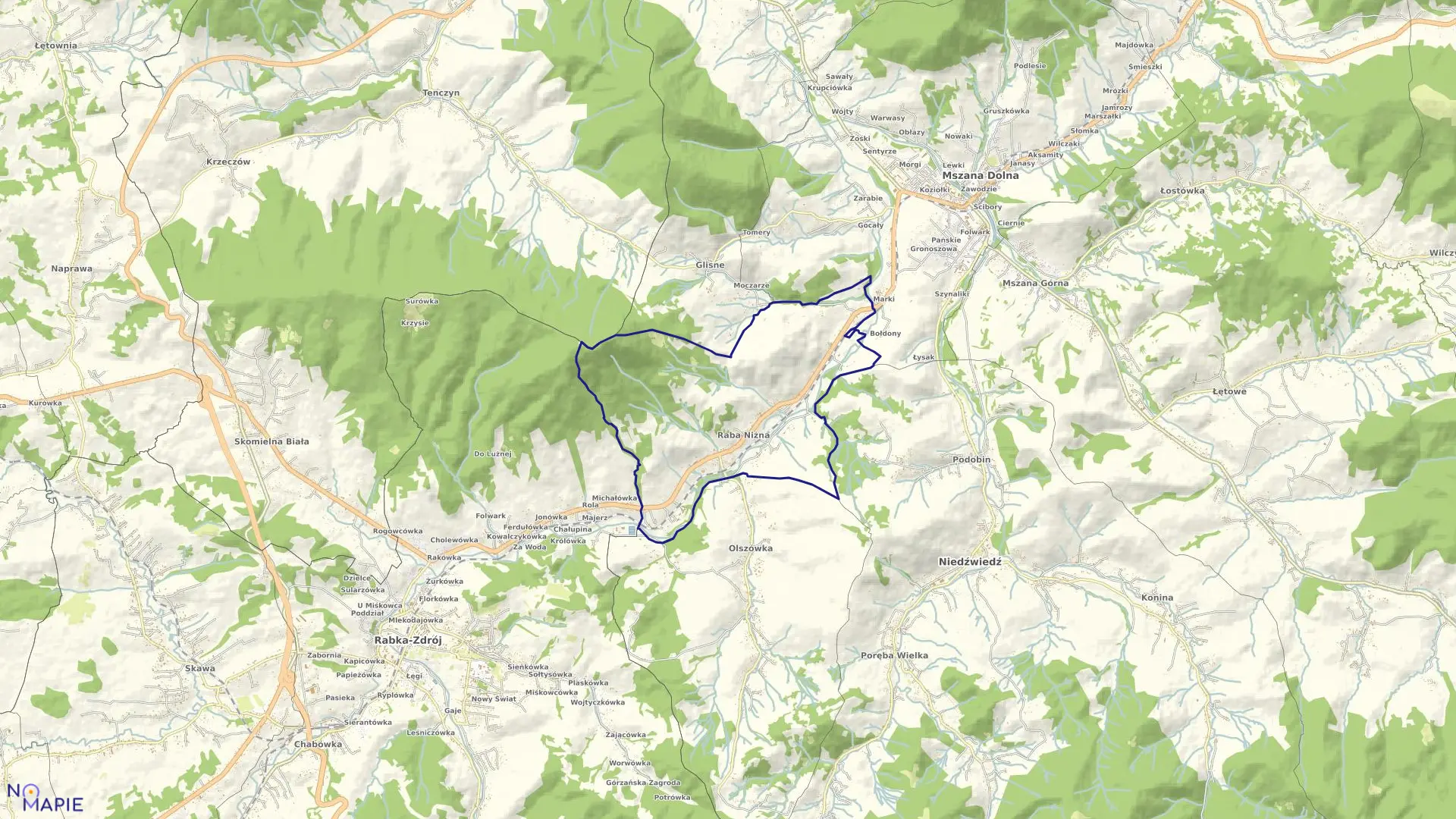 Mapa obrębu Raba Niżna w gminie Mszana Dolna